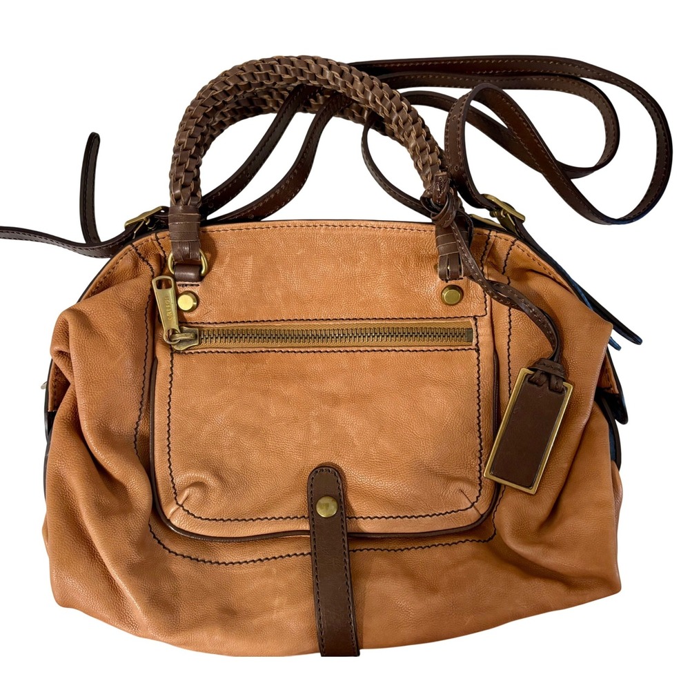 Gryson Skye Tan Brown Leather Braided Handle Satchel Crossbody Bag Made in Italy